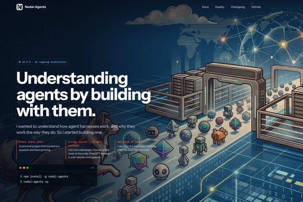 The Nodal-Agents home page: the title Understanding agents by building with them., three facts about the project and the install command, over the illustration of the dog guiding the agents