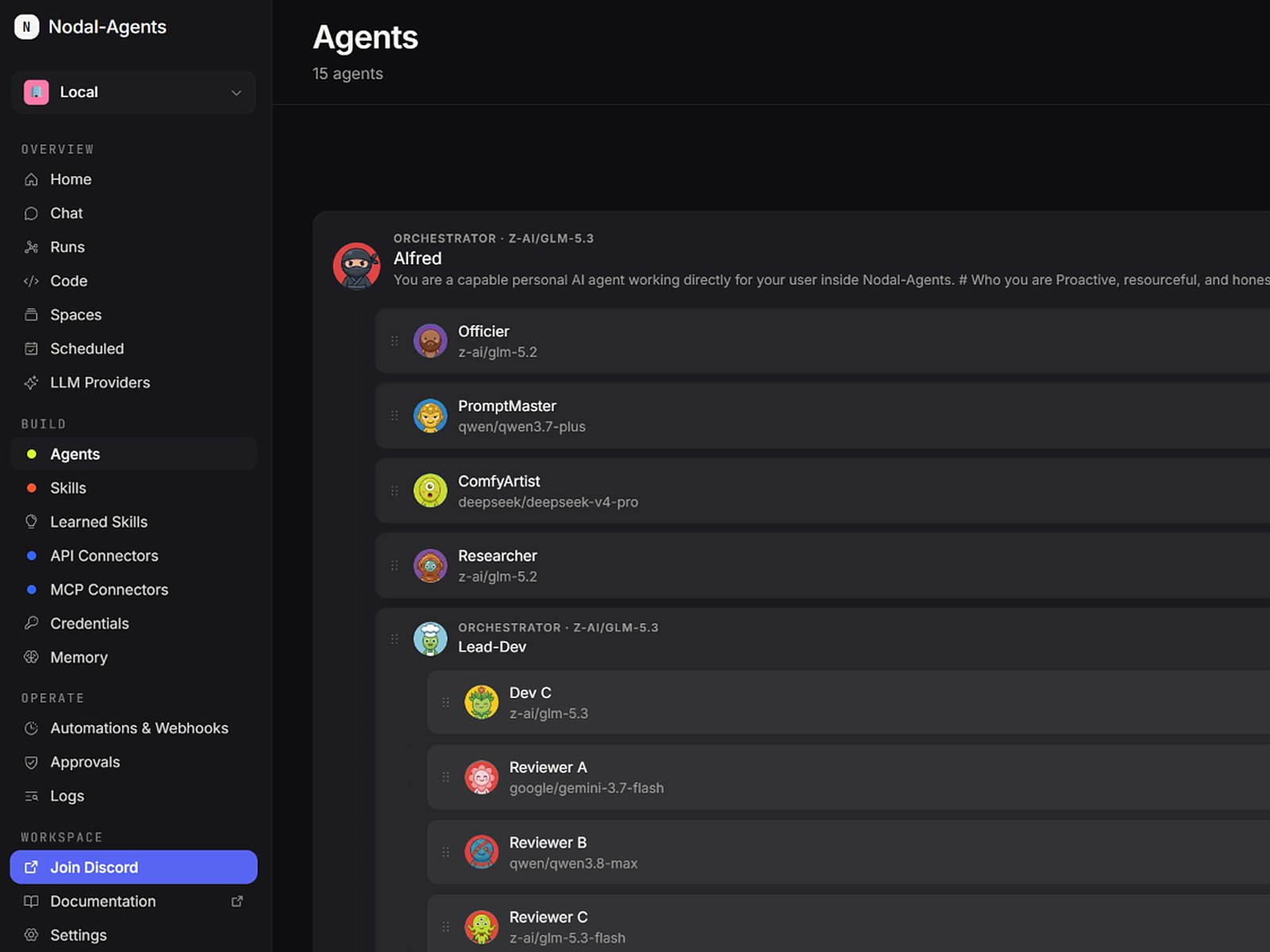 The Nodal-Agents console, listing orchestrators and the agents reporting to them
